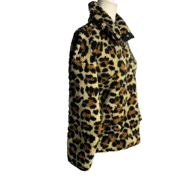 J Crew Vintage Heavy Fleece Sweatshirt XS Leopard Print Snap Collar Flap Pockets - Picture 5 of 6